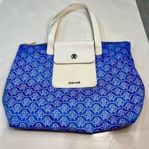 Roberto Cavalli Blue Patterned Tote with Cream Accents